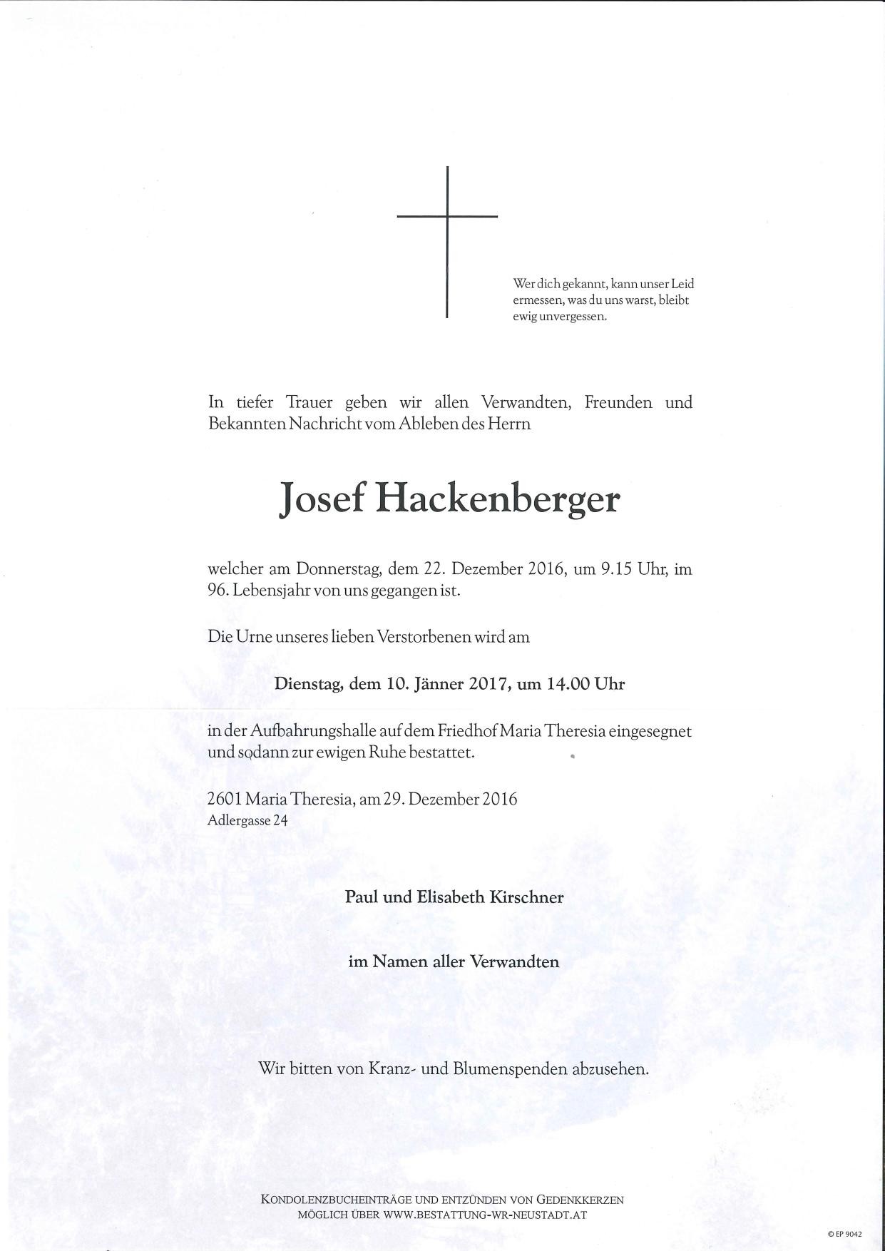 Traueranzeige von Josef Hackenberger
