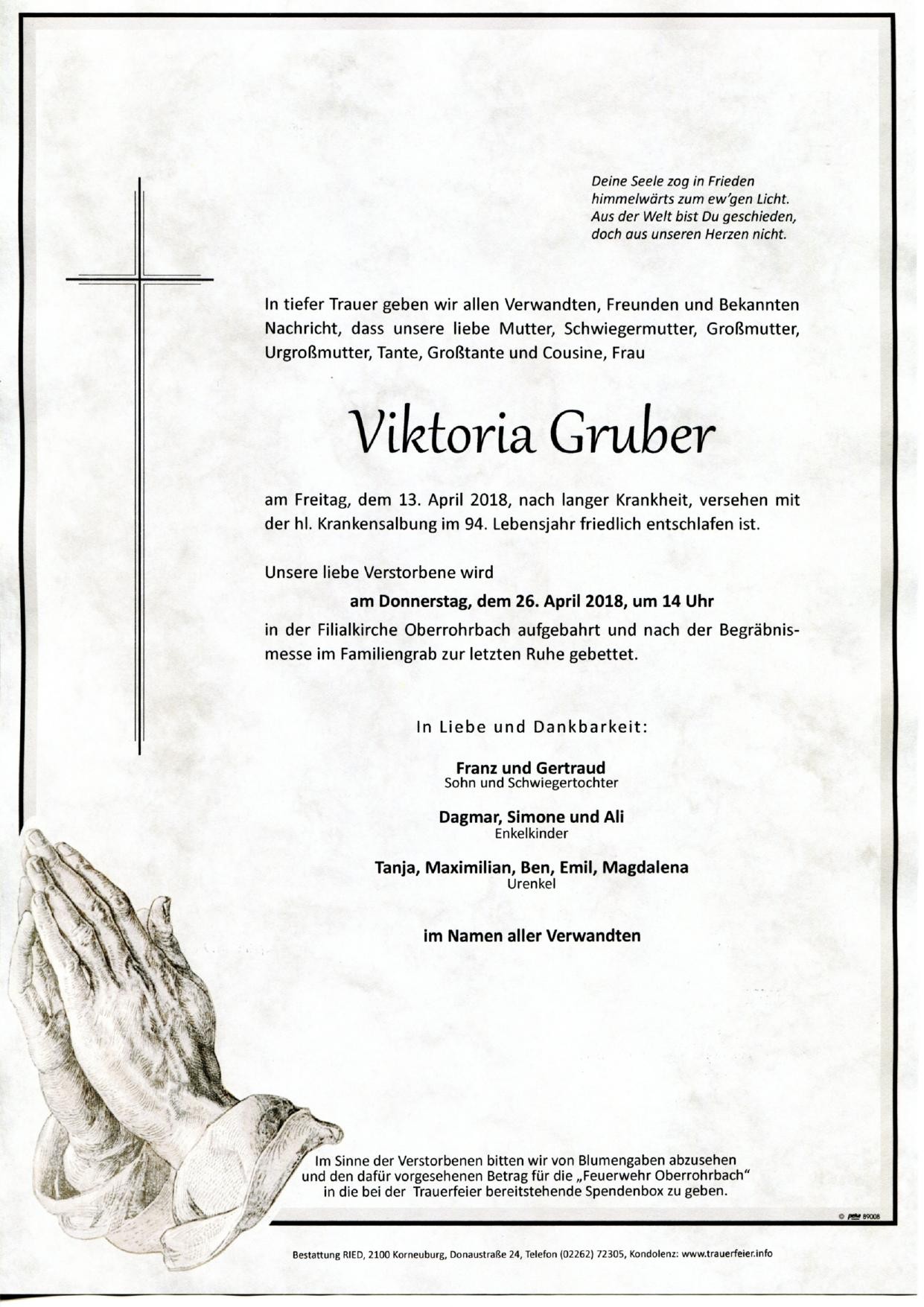 Traueranzeige von Viktoria Gruber