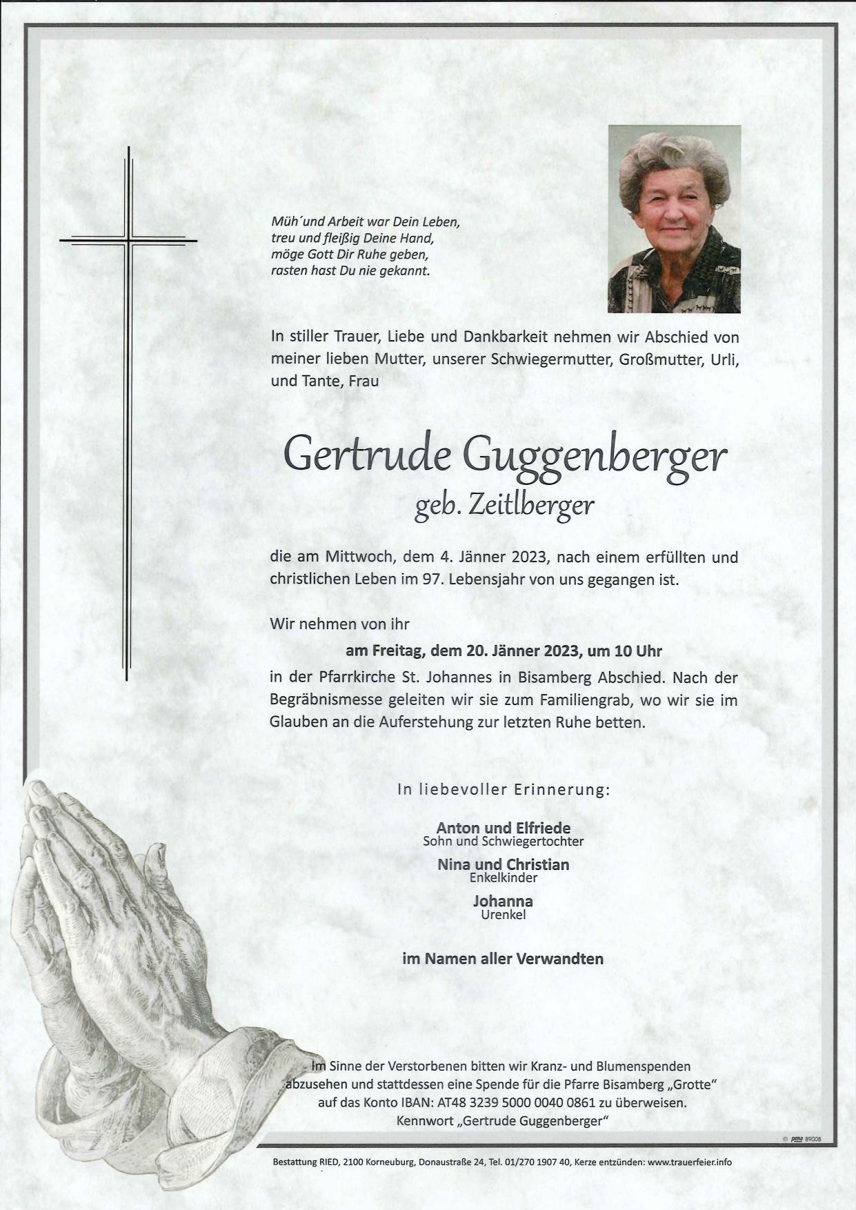 Traueranzeige von Gertrude Guggenberger