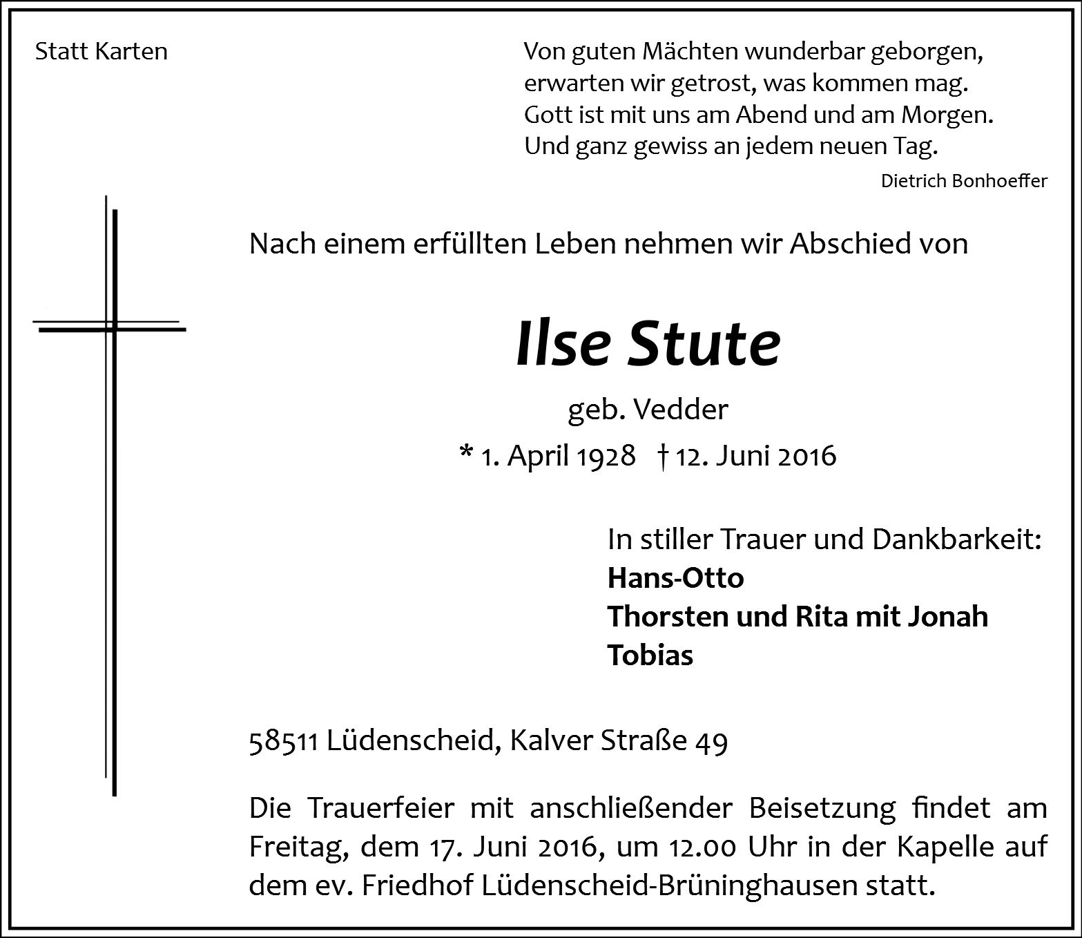 Traueranzeige von Ilse Stute