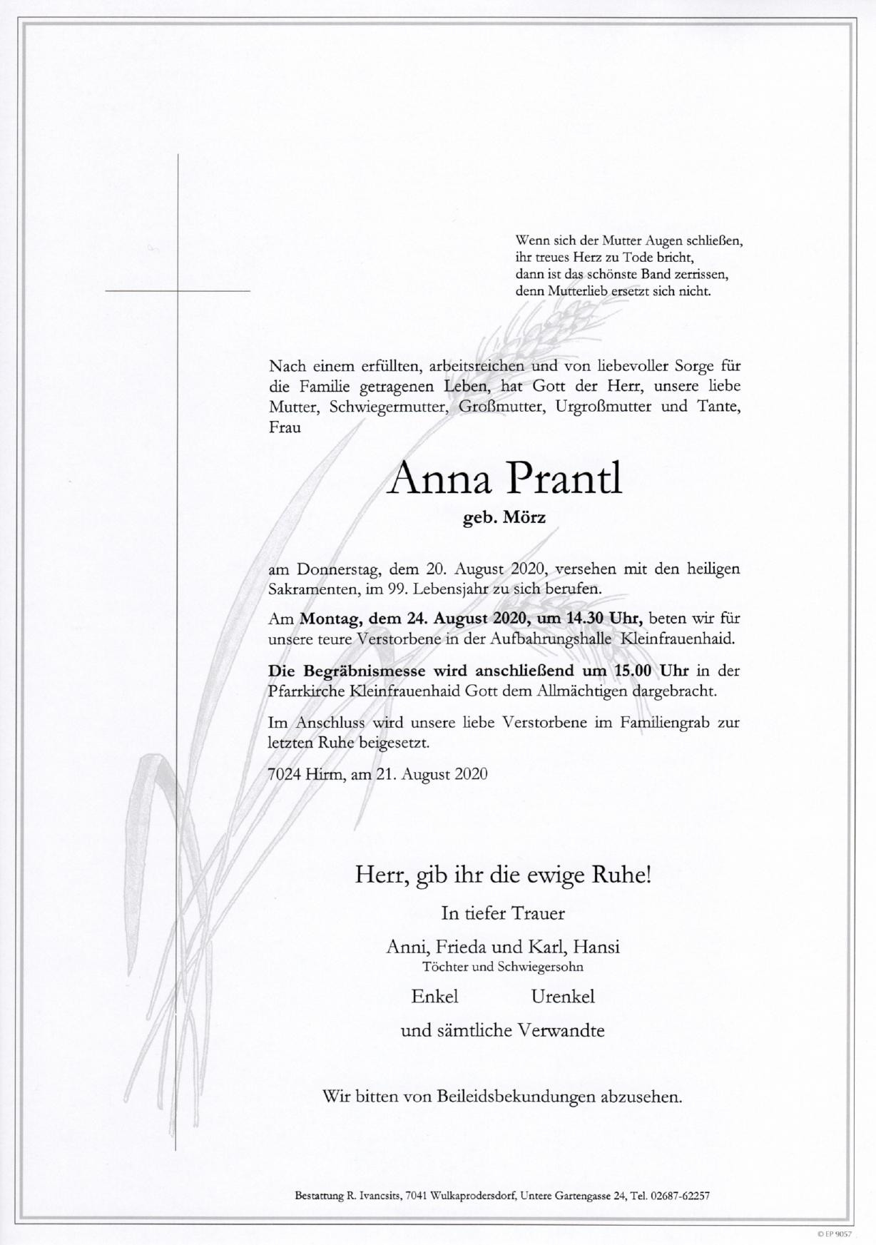 Traueranzeige von Anna Prantl