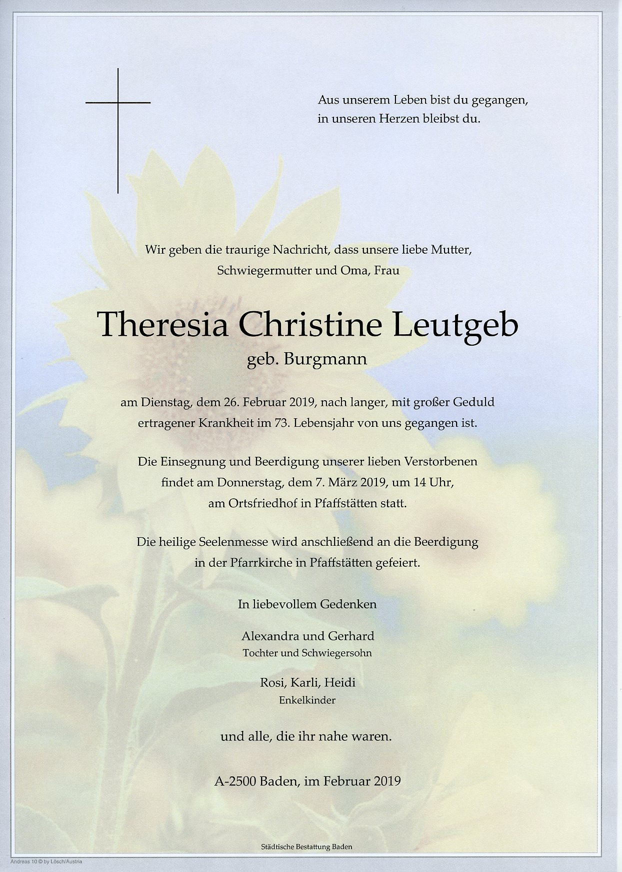 Traueranzeige von Theresia Christine Leutgeb