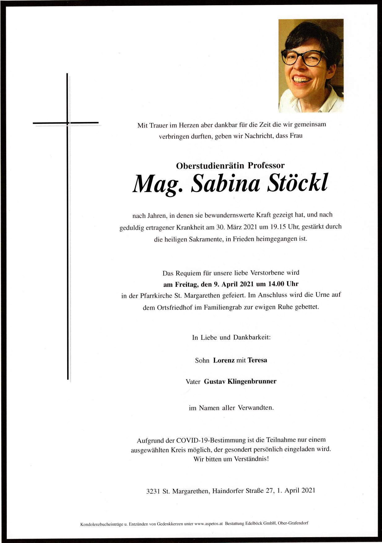 Traueranzeige von Oberstudienrätin Professor Magis Sabina Stöckl