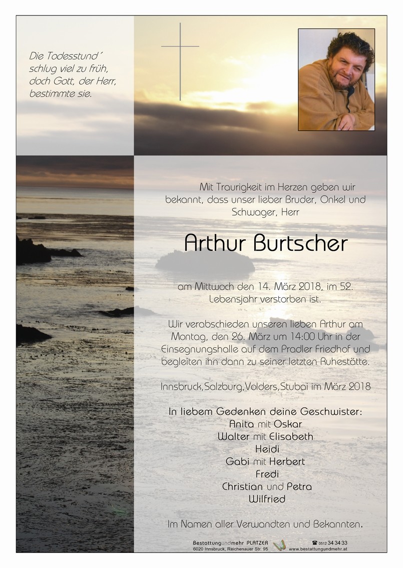 Traueranzeige von Arthur Burtscher