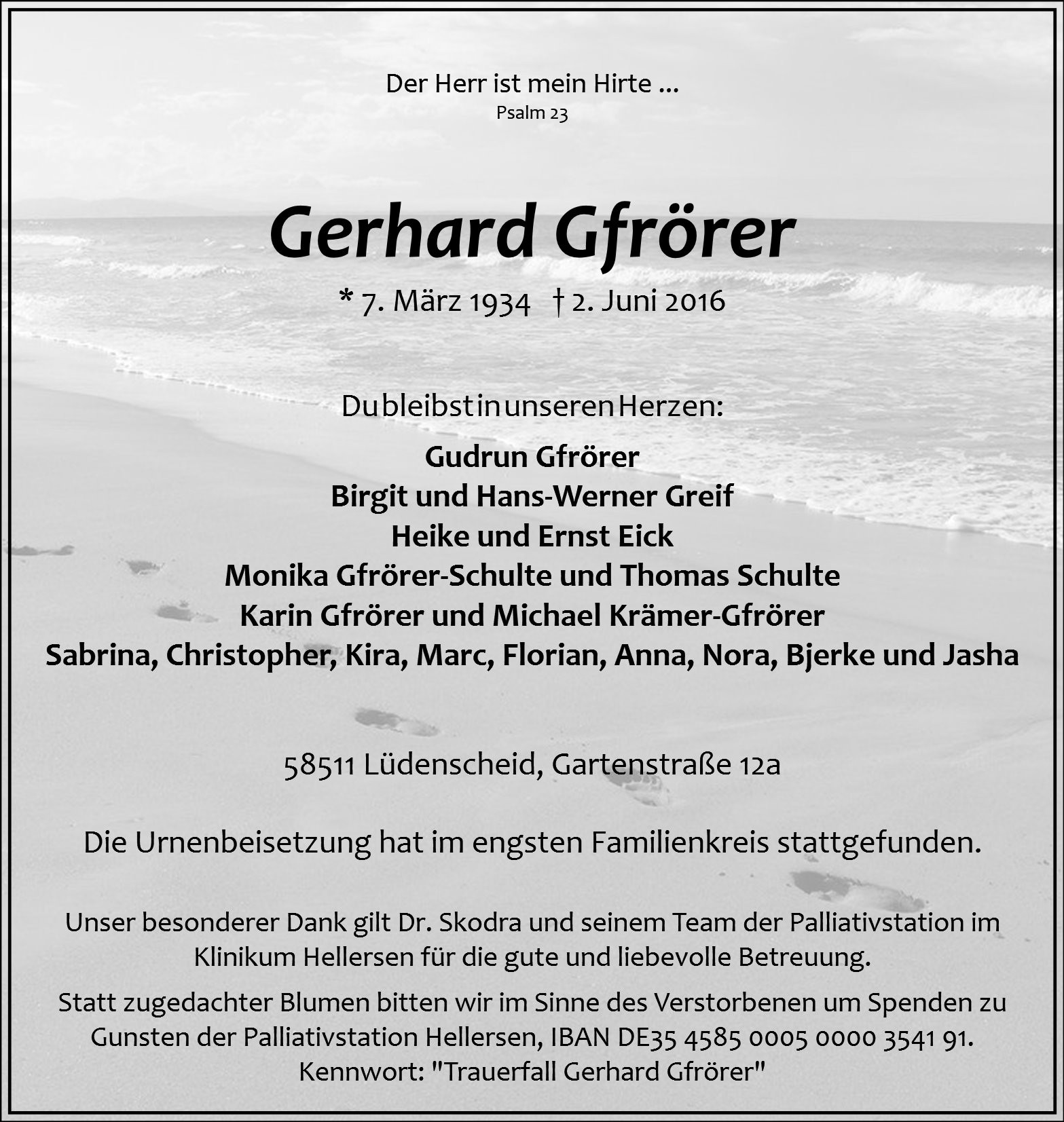 Traueranzeige von Gerhard Gfrörer