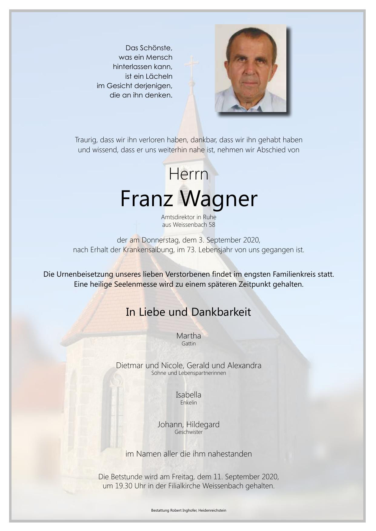 Traueranzeige von Franz Wagner