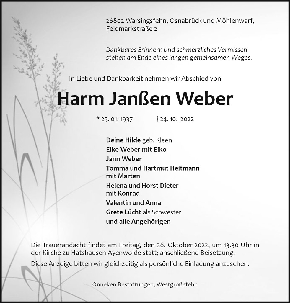 Traueranzeige von Harm Weber