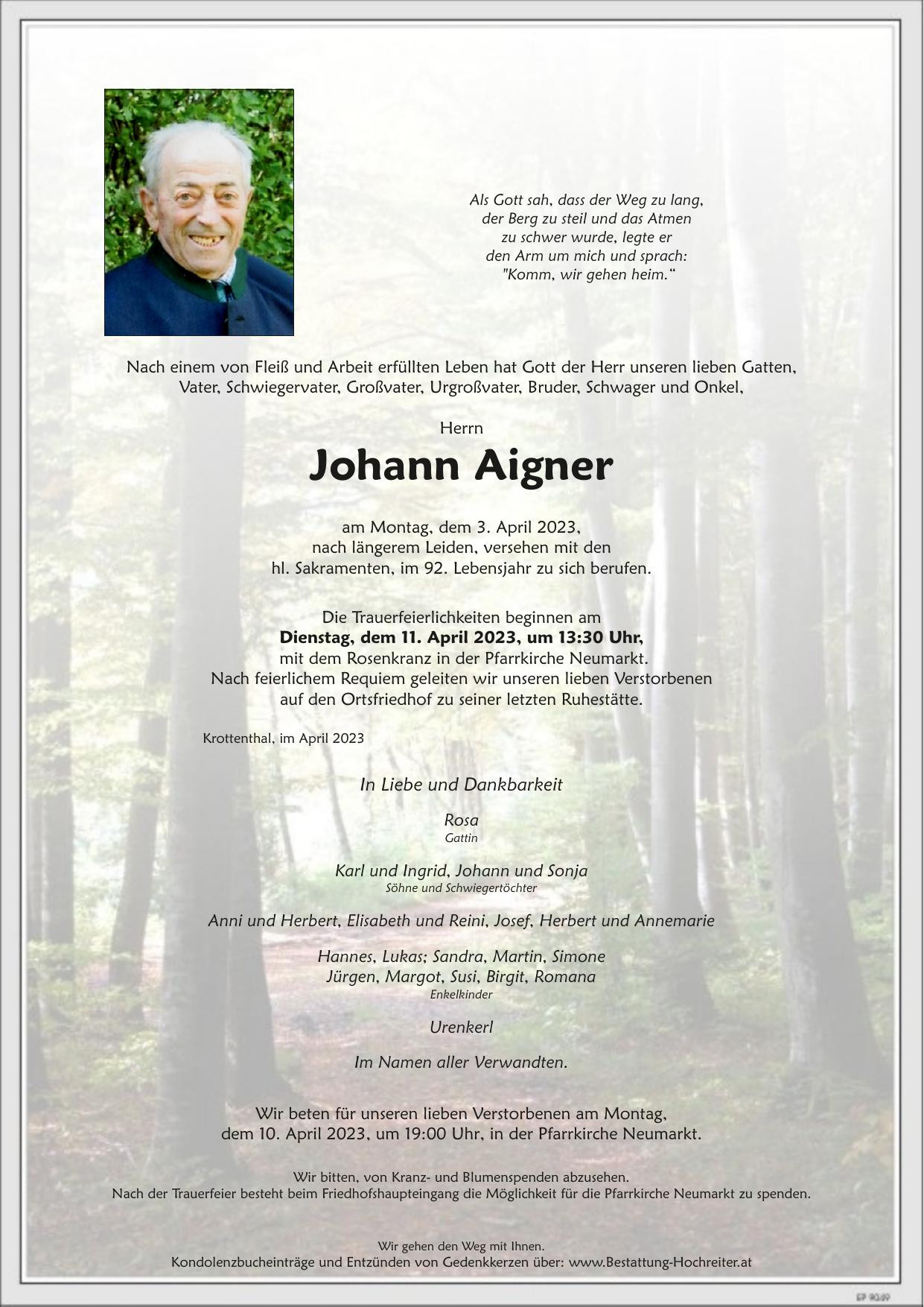 Traueranzeige von Johann Aigner