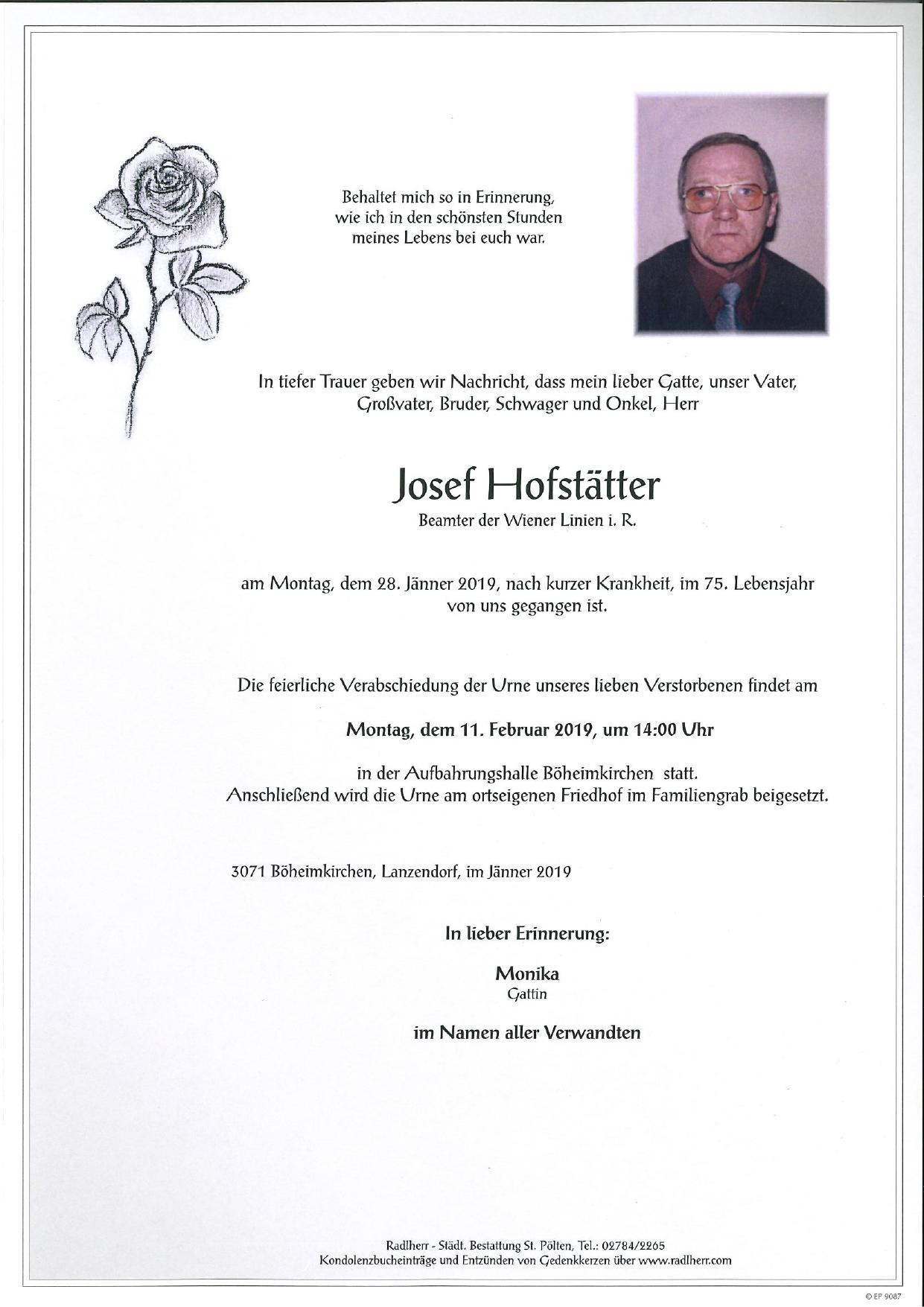 Traueranzeige von Josef Hofstätter