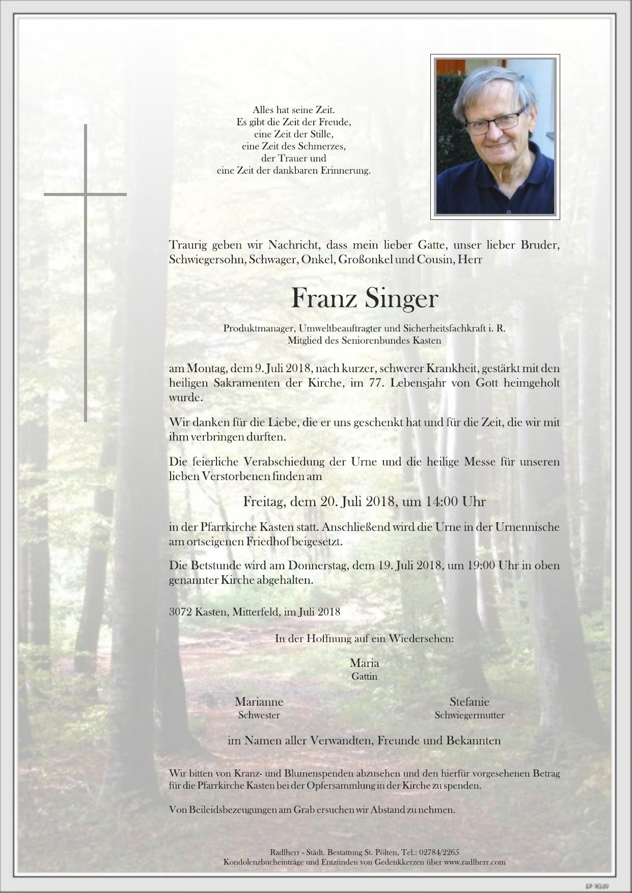 Traueranzeige von Franz Singer