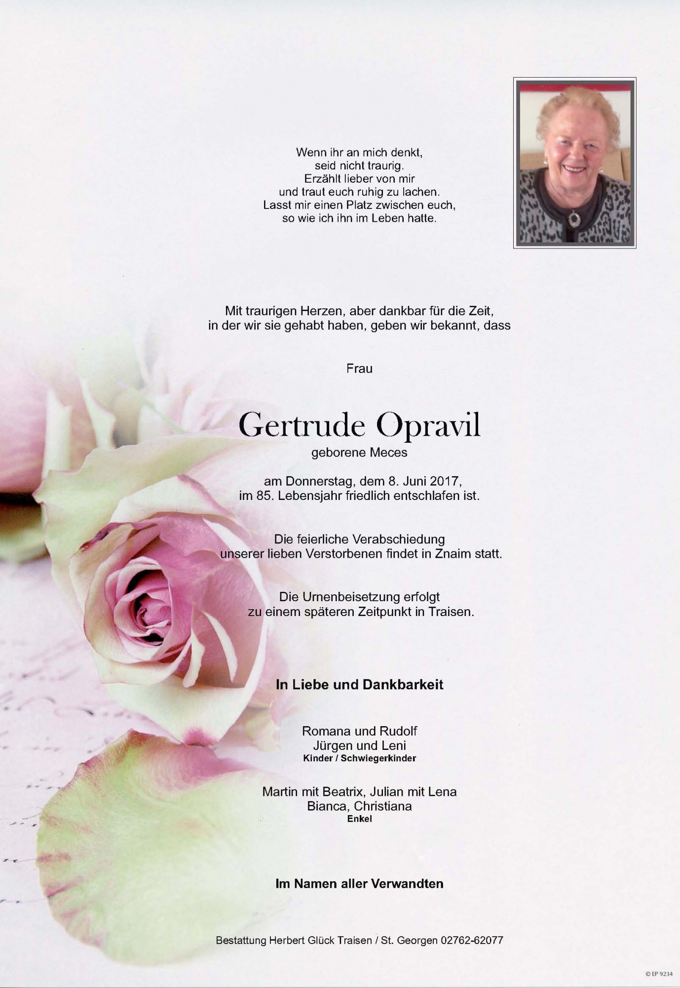 Traueranzeige von Gertrude Opravil