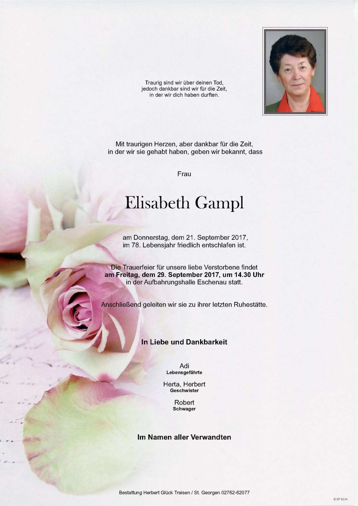 Traueranzeige von Elisabeth Gampl