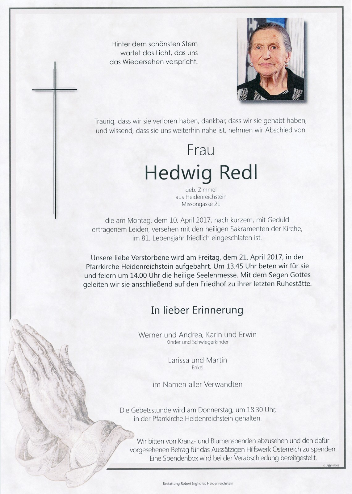 Traueranzeige von Hedwig Redl