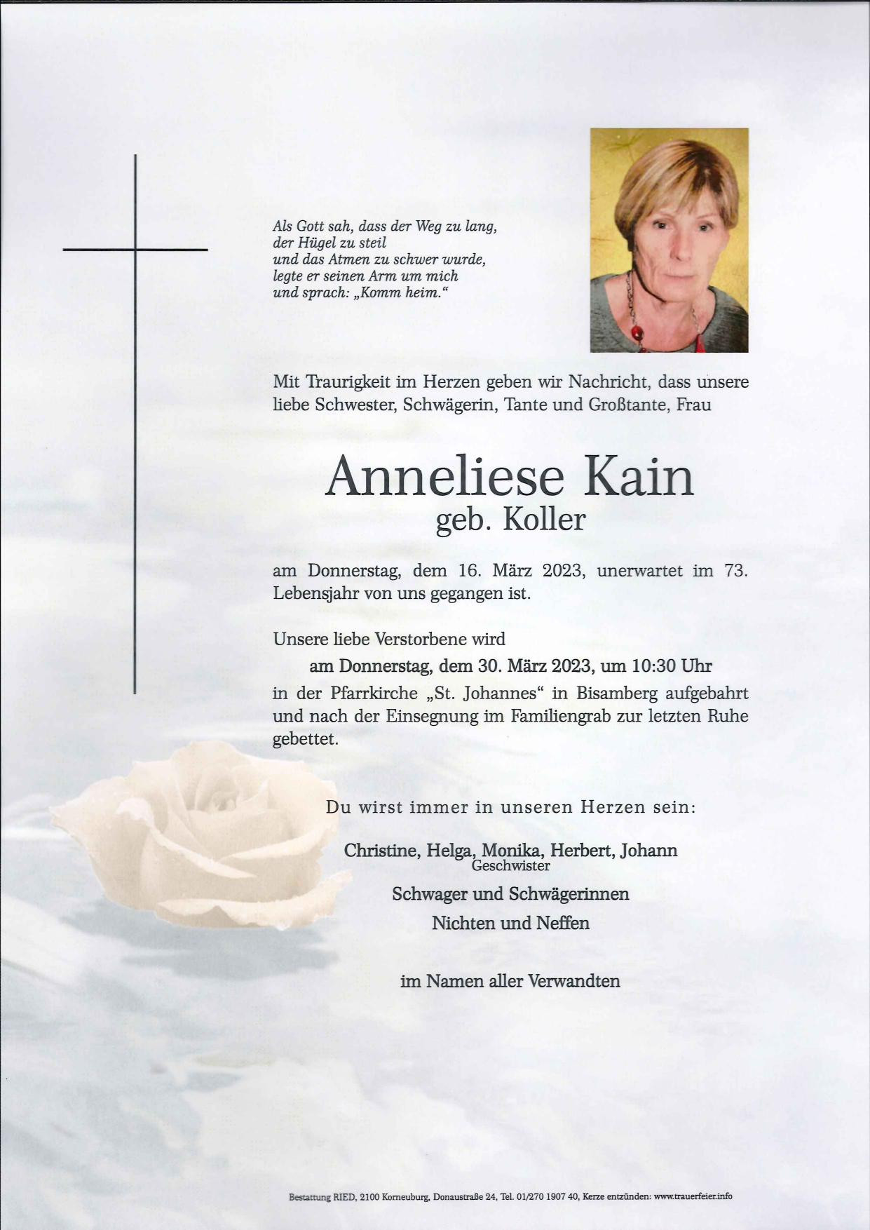 Traueranzeige von Anneliese Kain