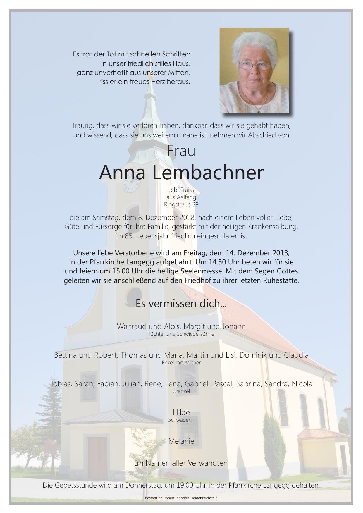 Traueranzeige von Anna Lembachner