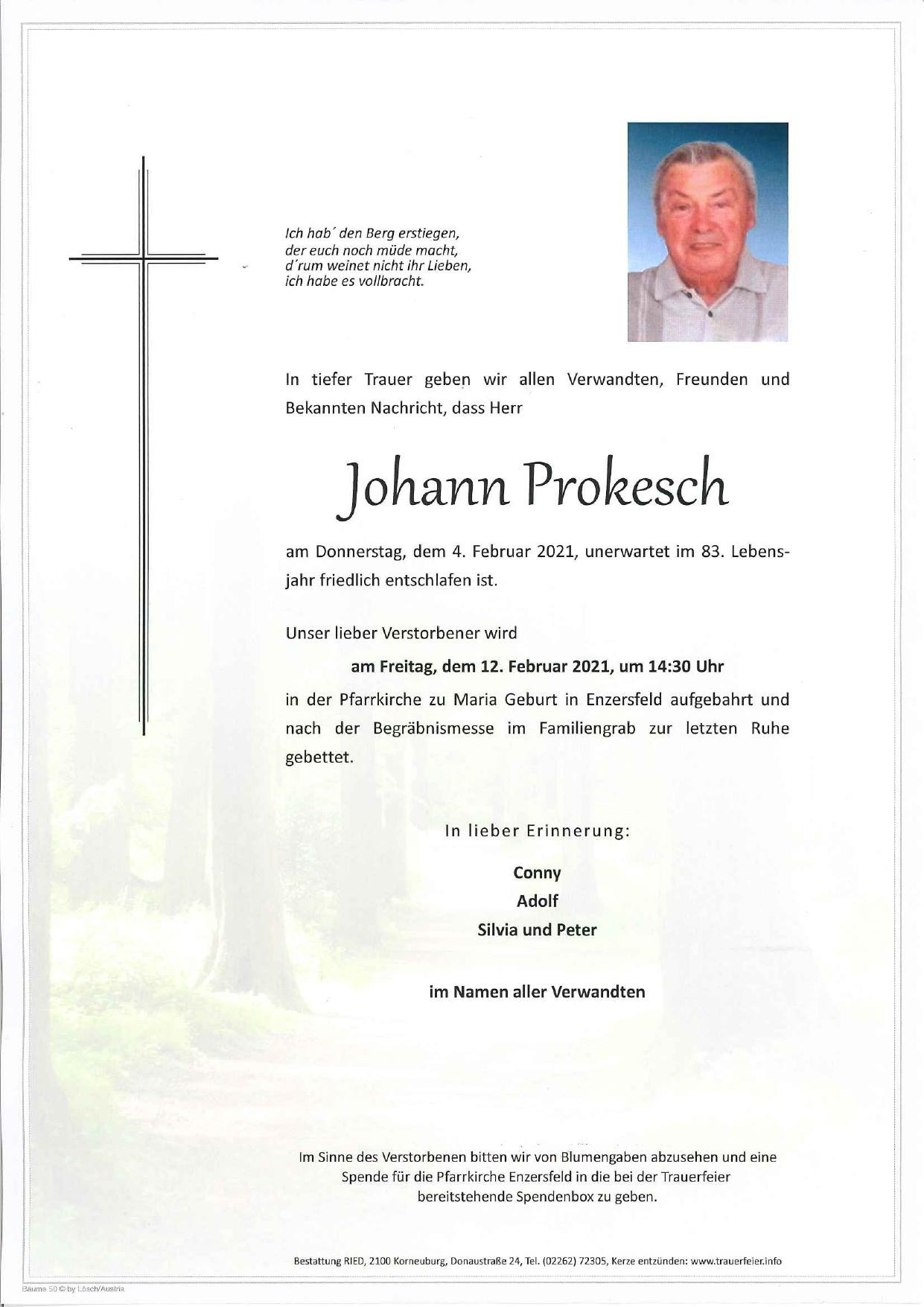 Traueranzeige von Johann Prokesch