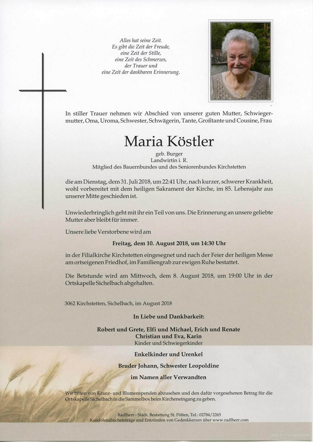 Traueranzeige von Maria Köstler