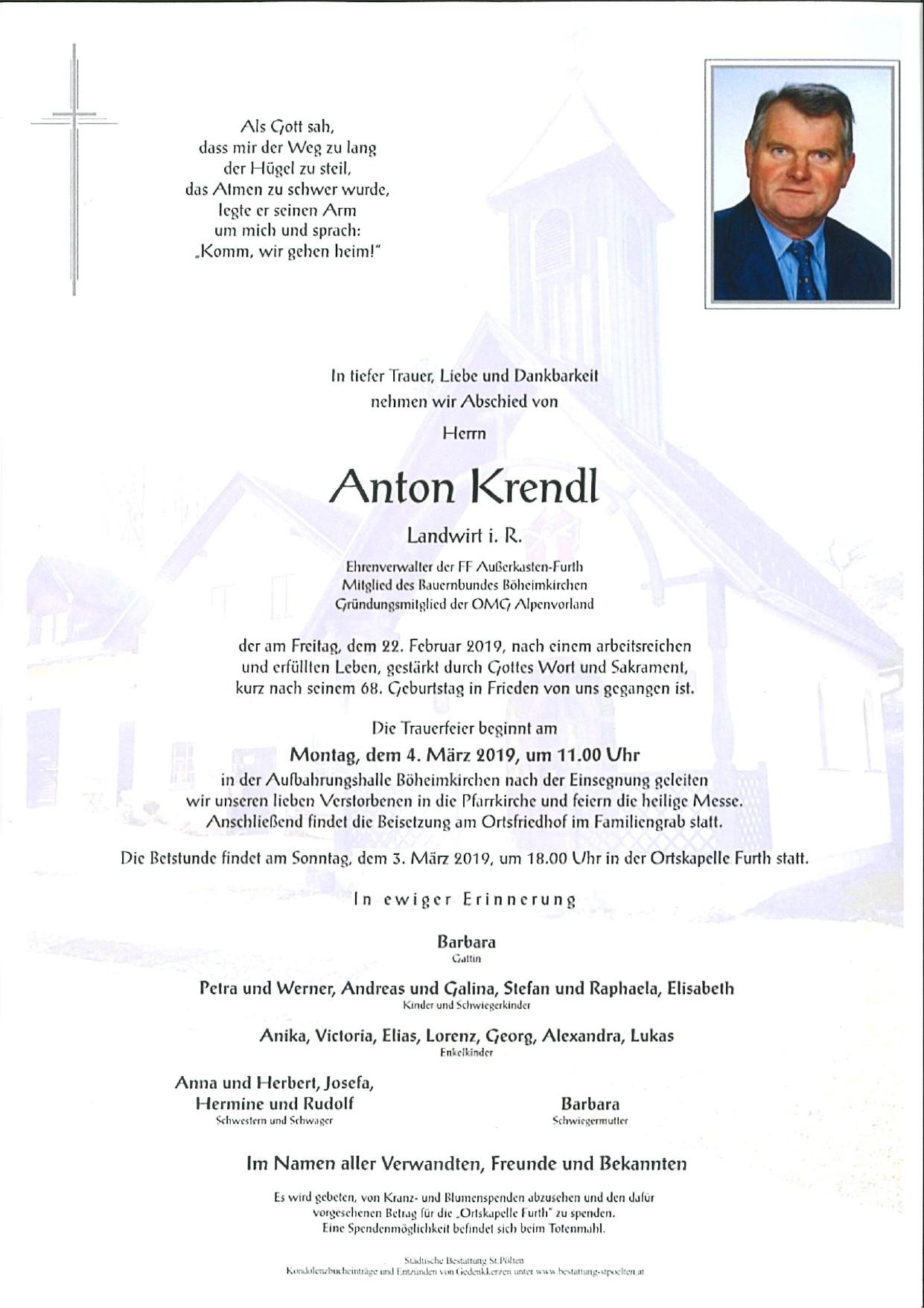 Traueranzeige von Anton Krendl