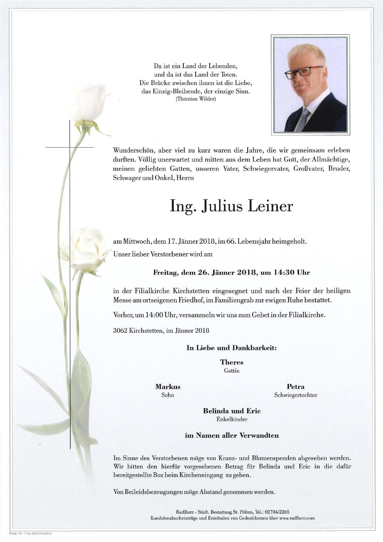Traueranzeige von Ing. Julius Leiner