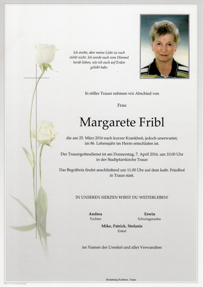 Traueranzeige von Margarethe Fribl