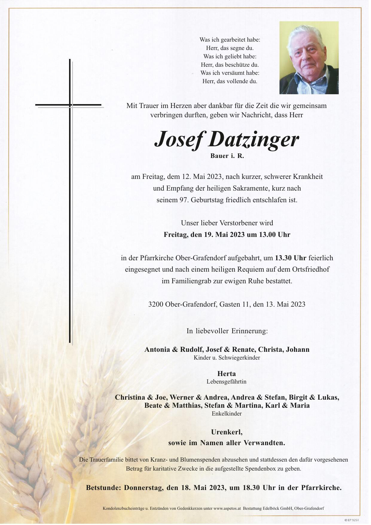 Traueranzeige von Josef Datzinger