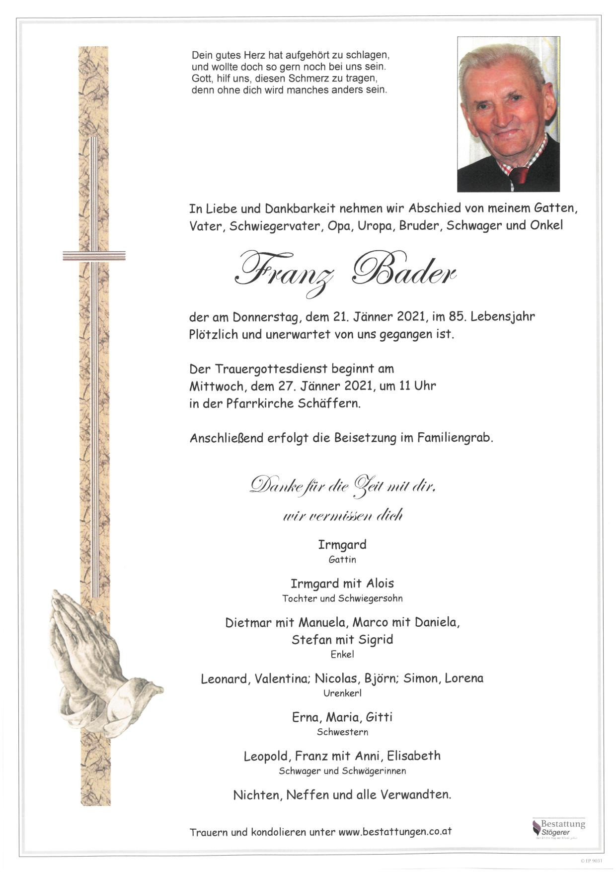 Traueranzeige von Franz Bader
