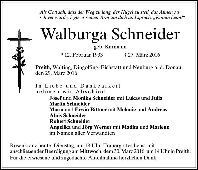 Traueranzeige von Walburga Schneider