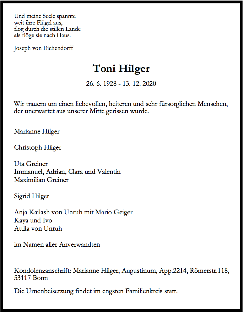 Traueranzeige von Toni Hilger