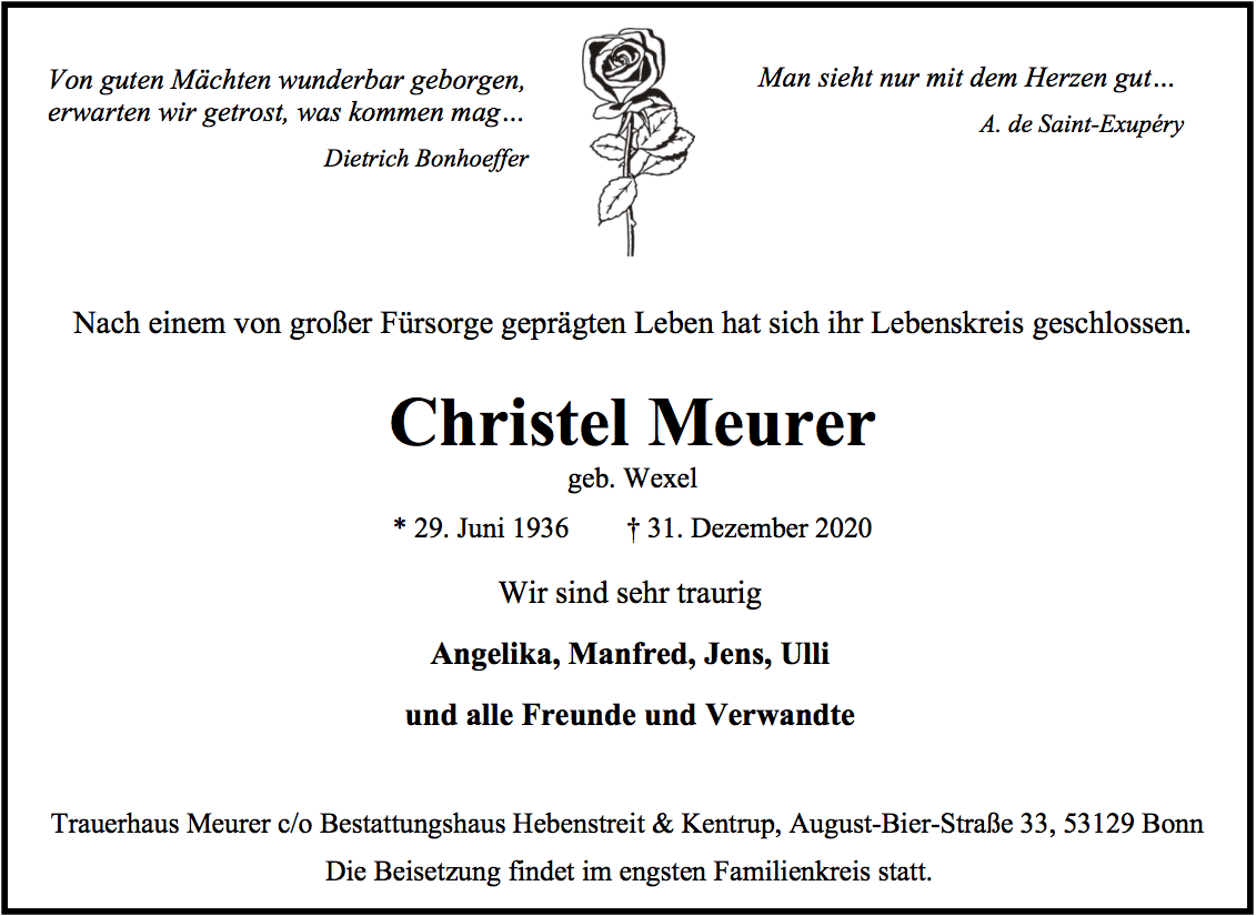 Traueranzeige von Christel Meurer