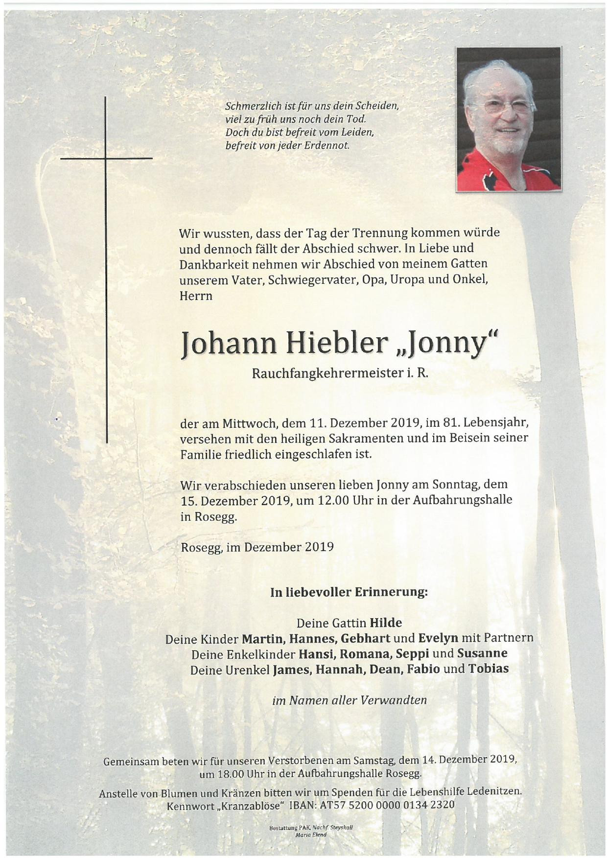 Traueranzeige von Johann "Jonny" Hiebler