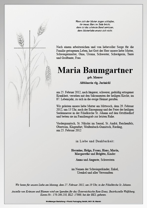 Traueranzeige von Maria Baumgartner
