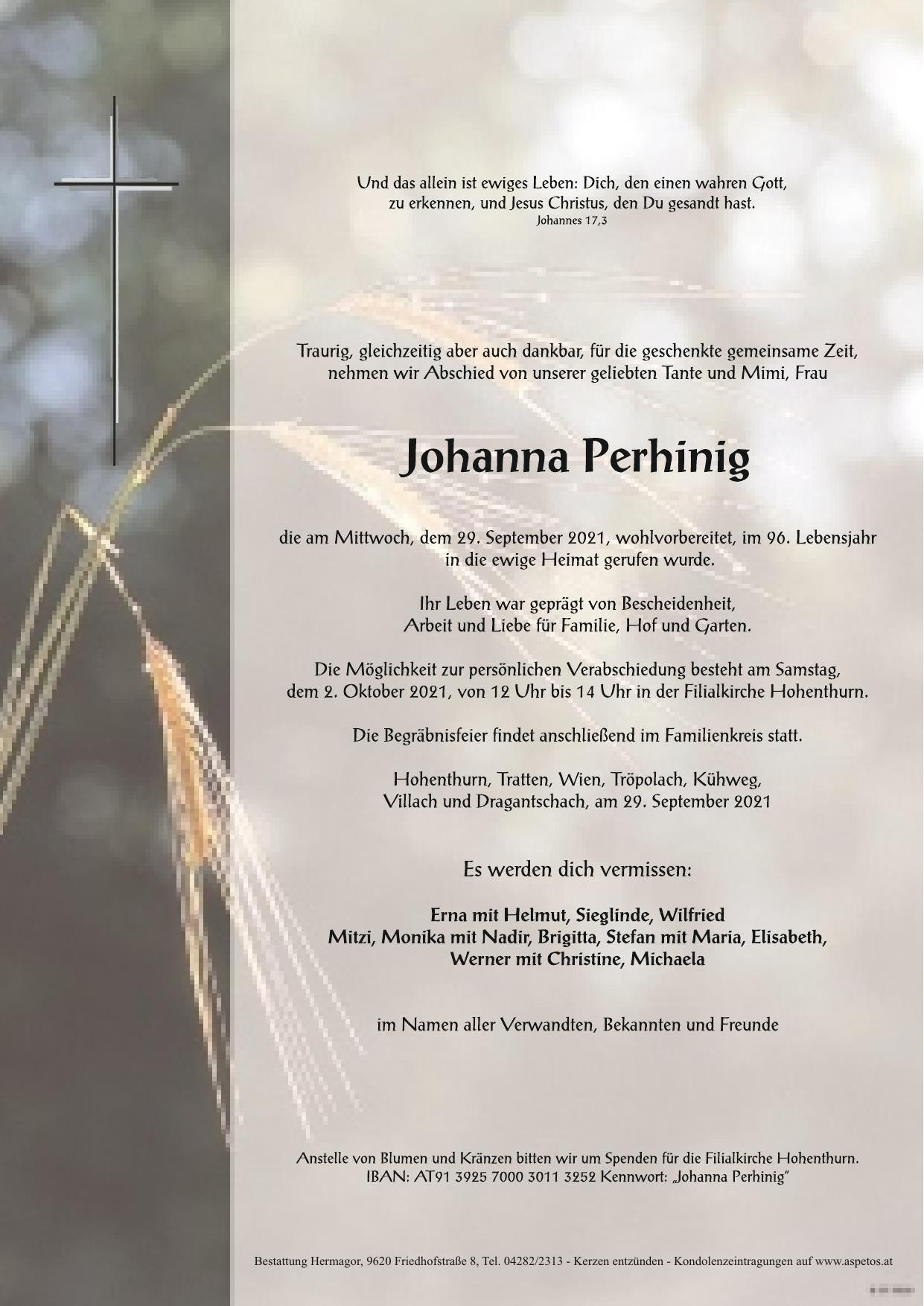 Traueranzeige von Johanna Perhinig