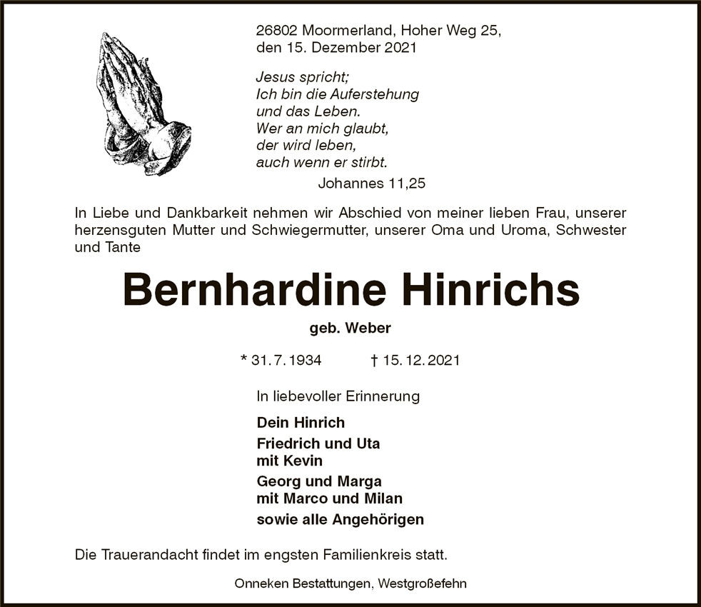 Traueranzeige von Bernhardine Hinrichs