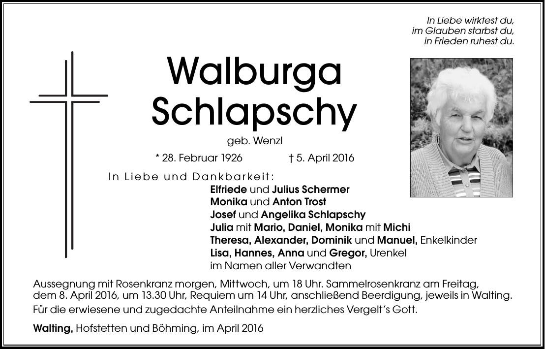 Traueranzeige von Walburga Schlapschy