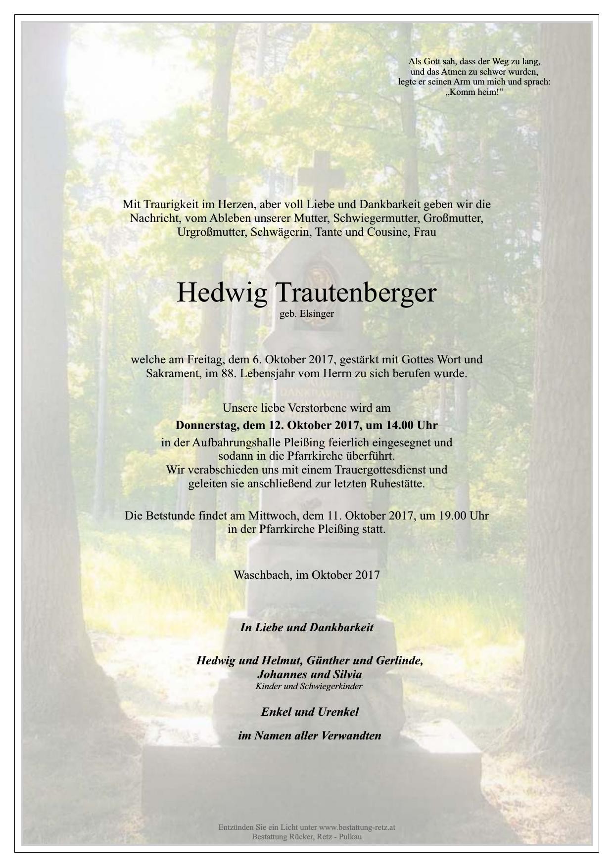 Traueranzeige von Hedwig Trautenberger