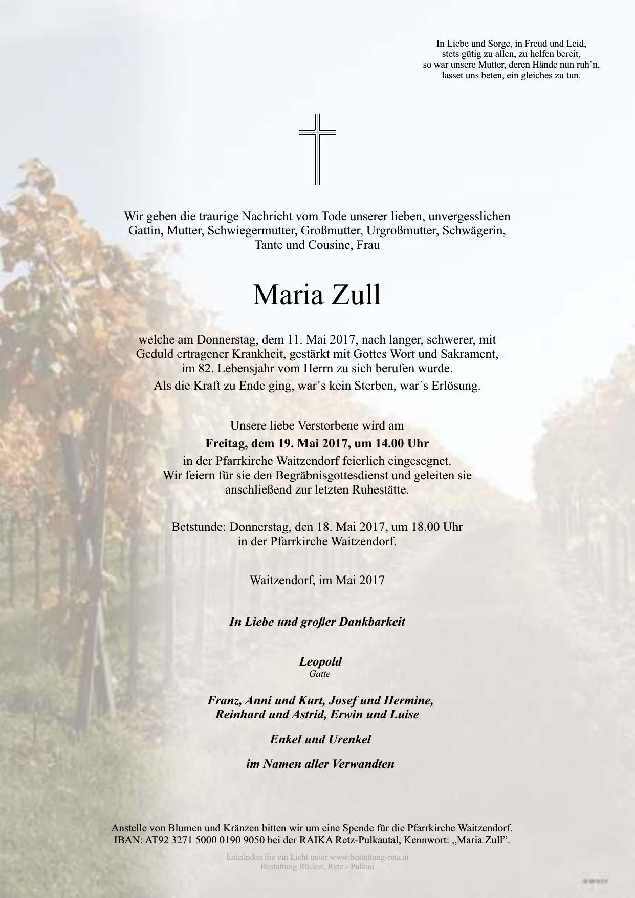 Traueranzeige von Maria Zull