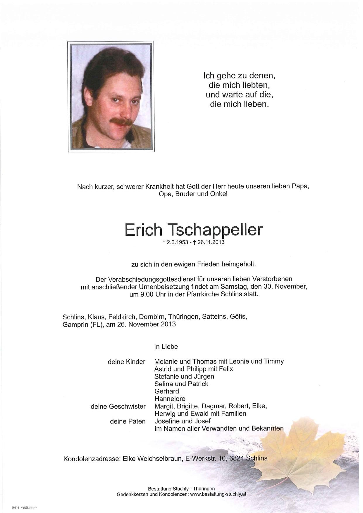 Traueranzeige von Erich Tschappeller