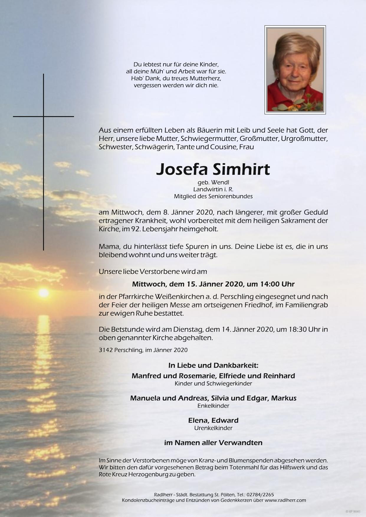 Traueranzeige von Josefa Simhirt