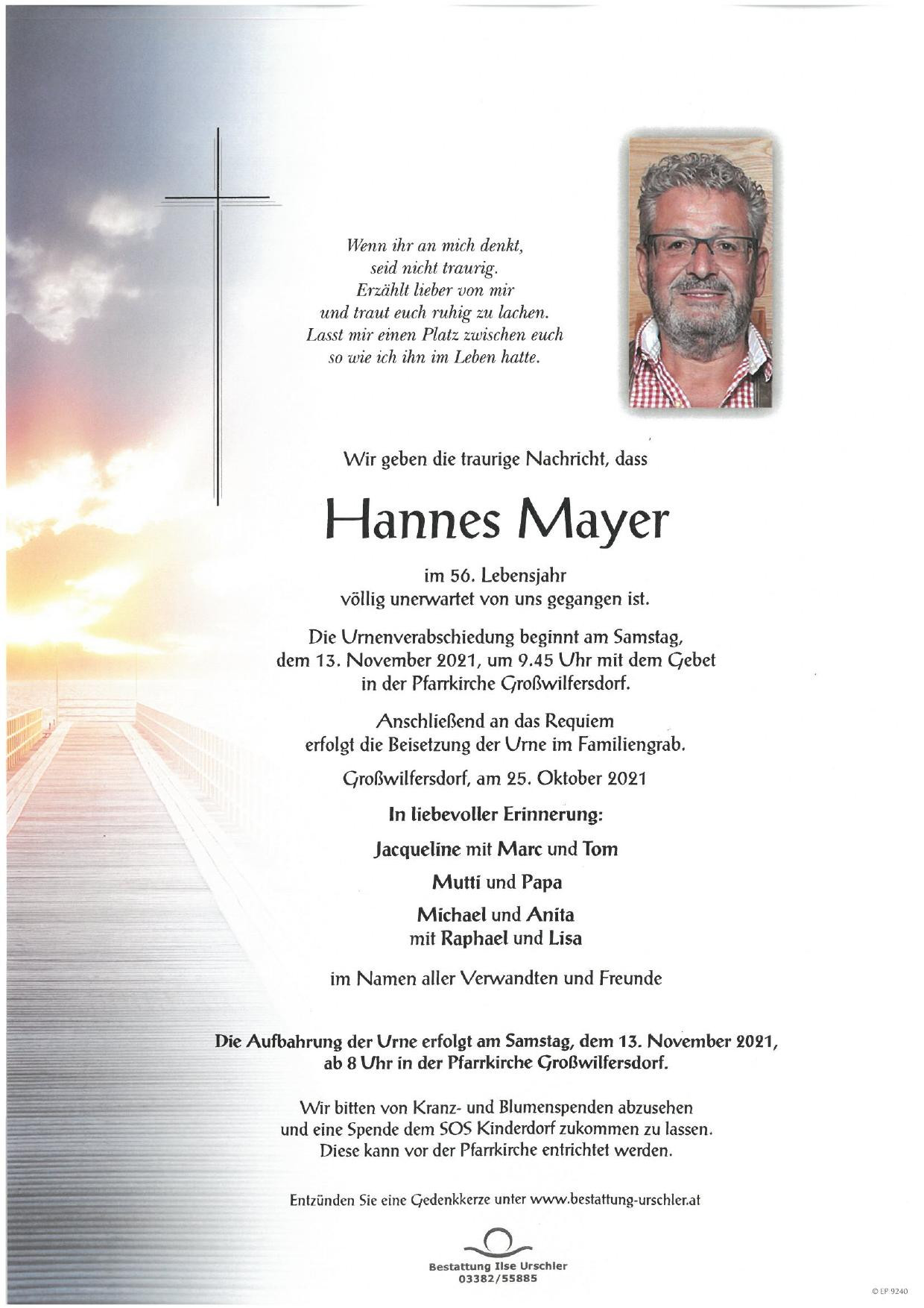 Traueranzeige von Hannes Mayer