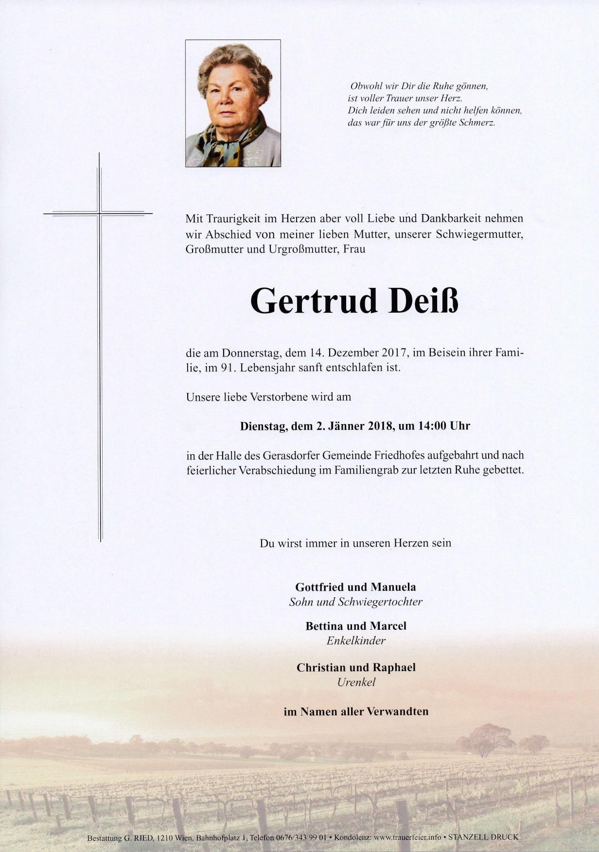 Traueranzeige von Gertrud Deiß