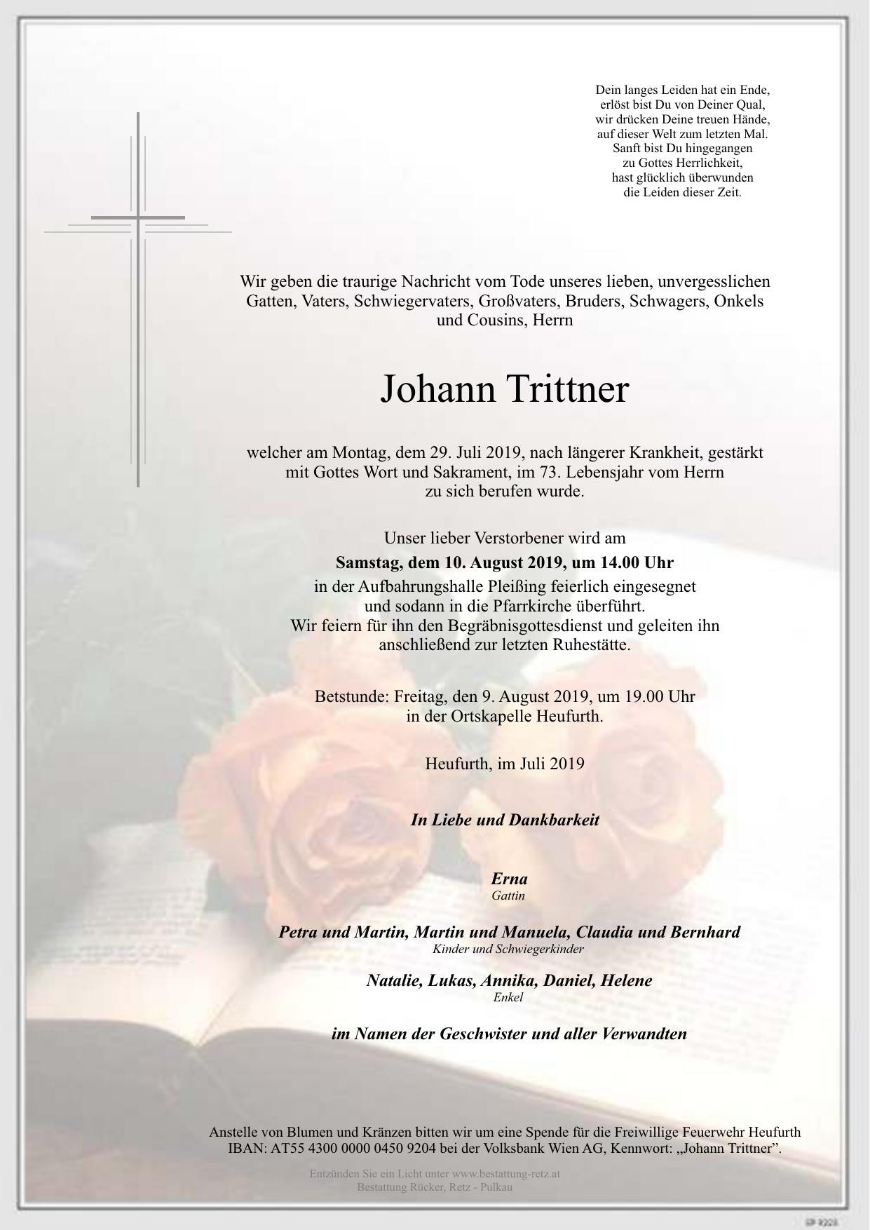 Traueranzeige von Johann Trittner