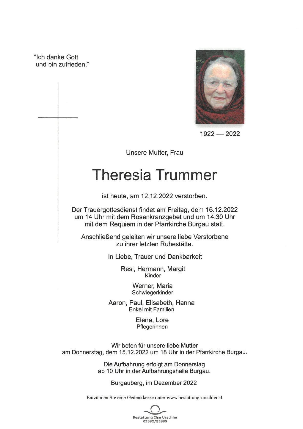 Traueranzeige von Theresia Trummer