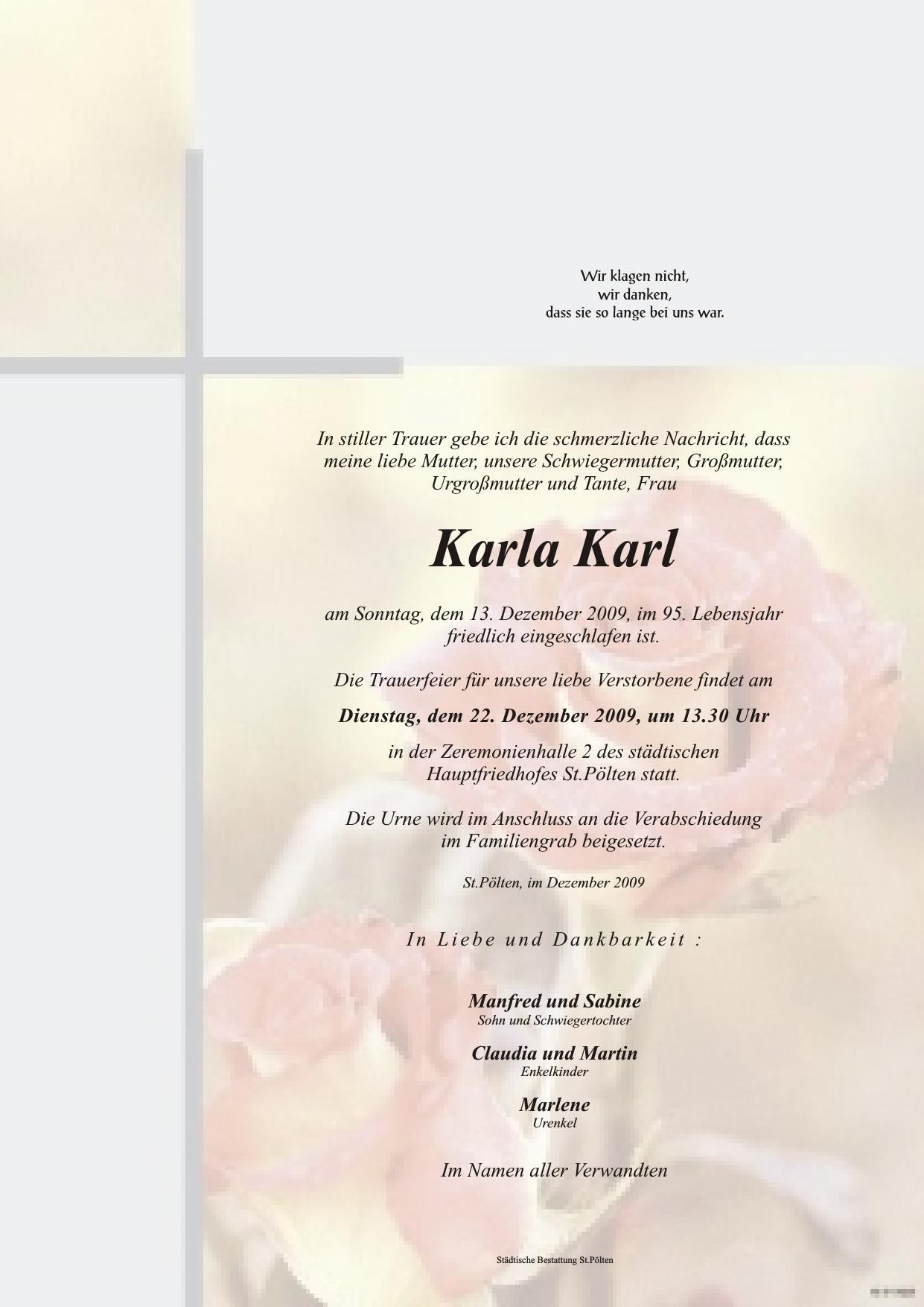 Traueranzeige von Karla Karl