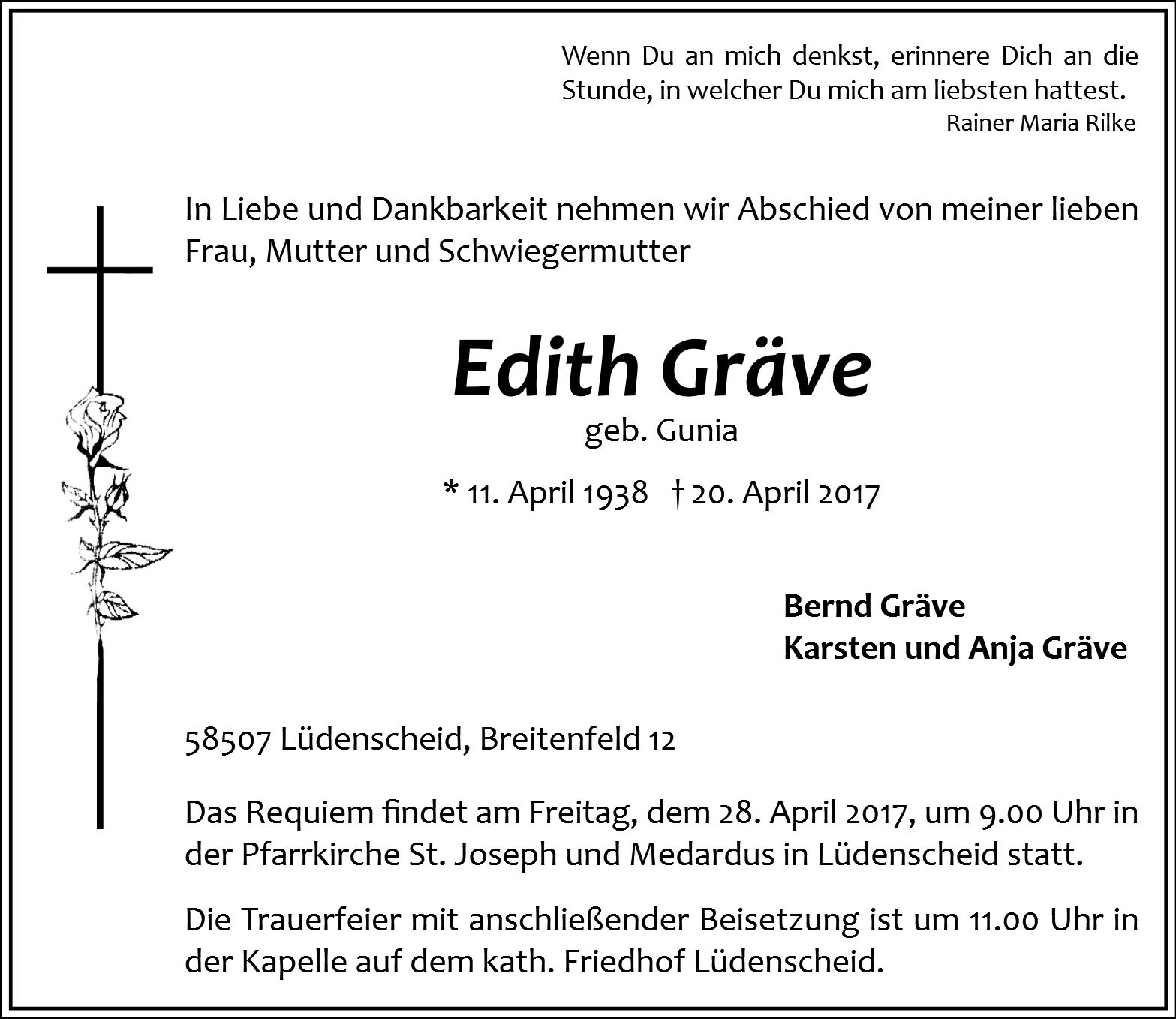 Traueranzeige von Edith Gräve