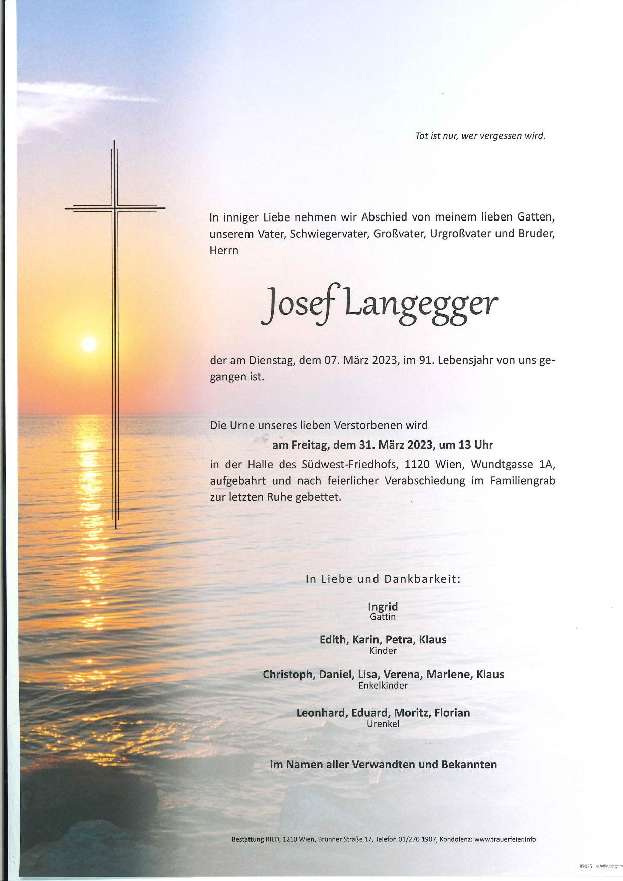 Traueranzeige von Josef Langegger