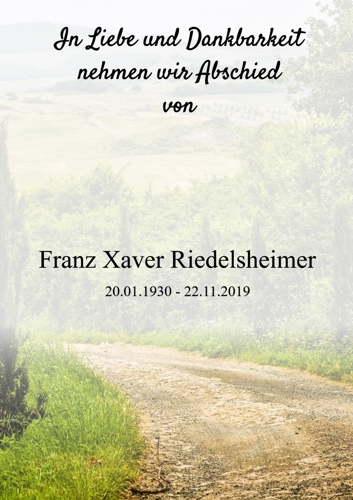 Traueranzeige von Franz Xaver Riedelsheimer