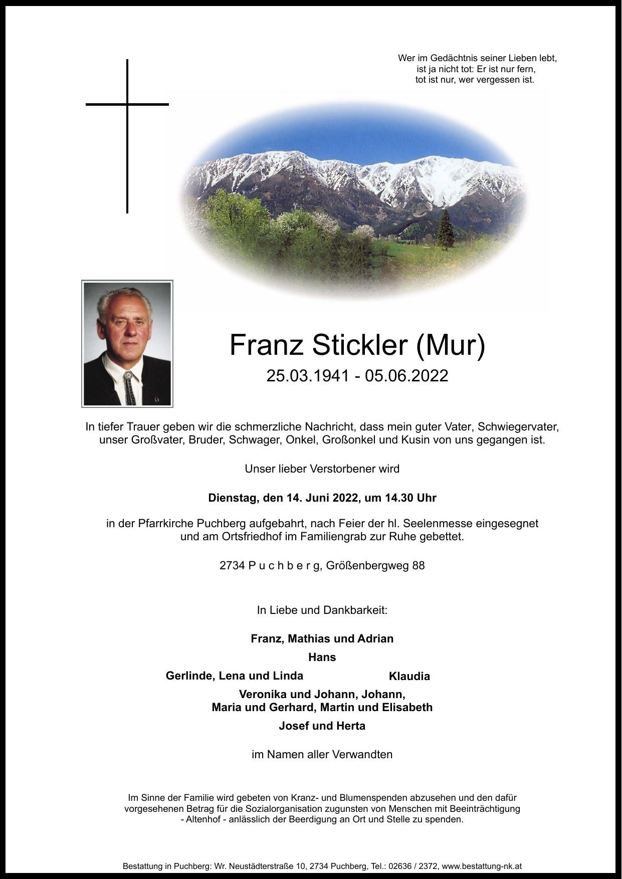 Traueranzeige von Franz Stickler
