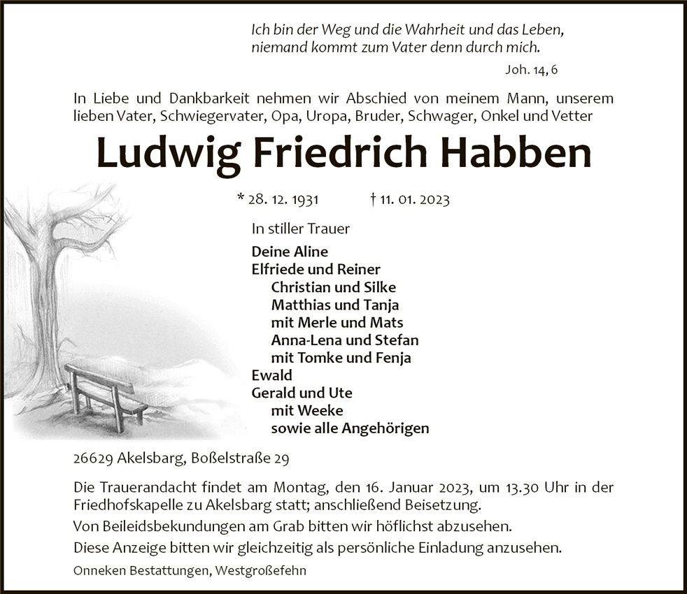 Traueranzeige von Ludwig Habben