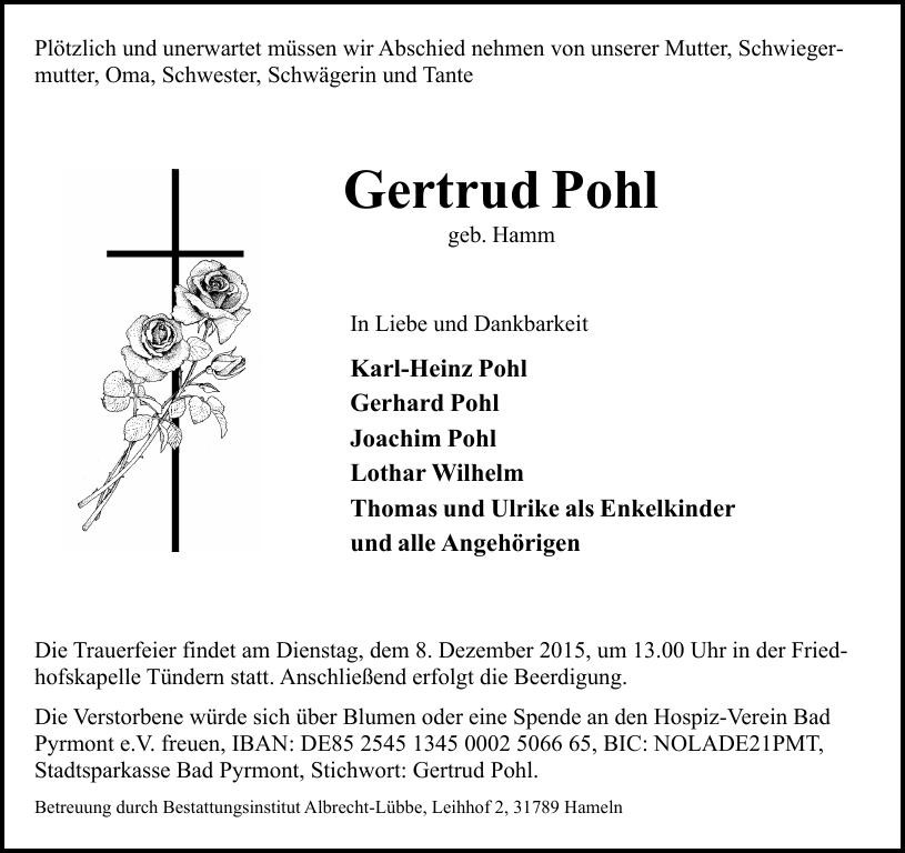 Traueranzeige von Gertrud Pohl