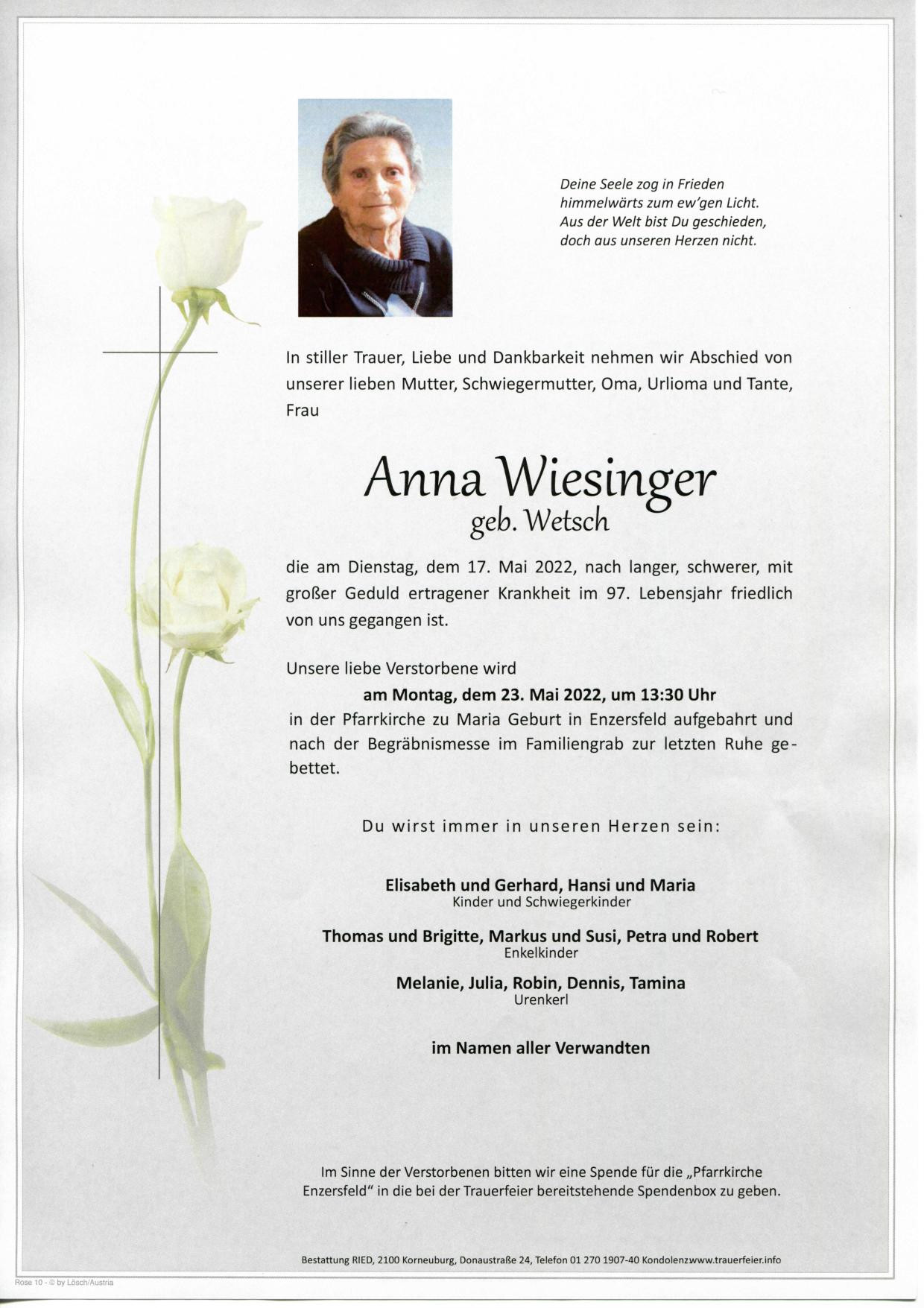 Traueranzeige von Anna Wiesinger